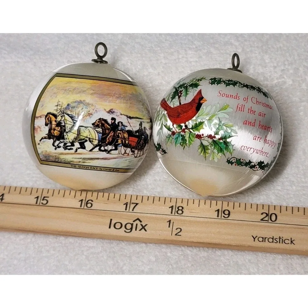 Lot of 4 Vintage Shatter‎ Resistant Satin Silk Balls Ornaments Red Bird, Sleigh